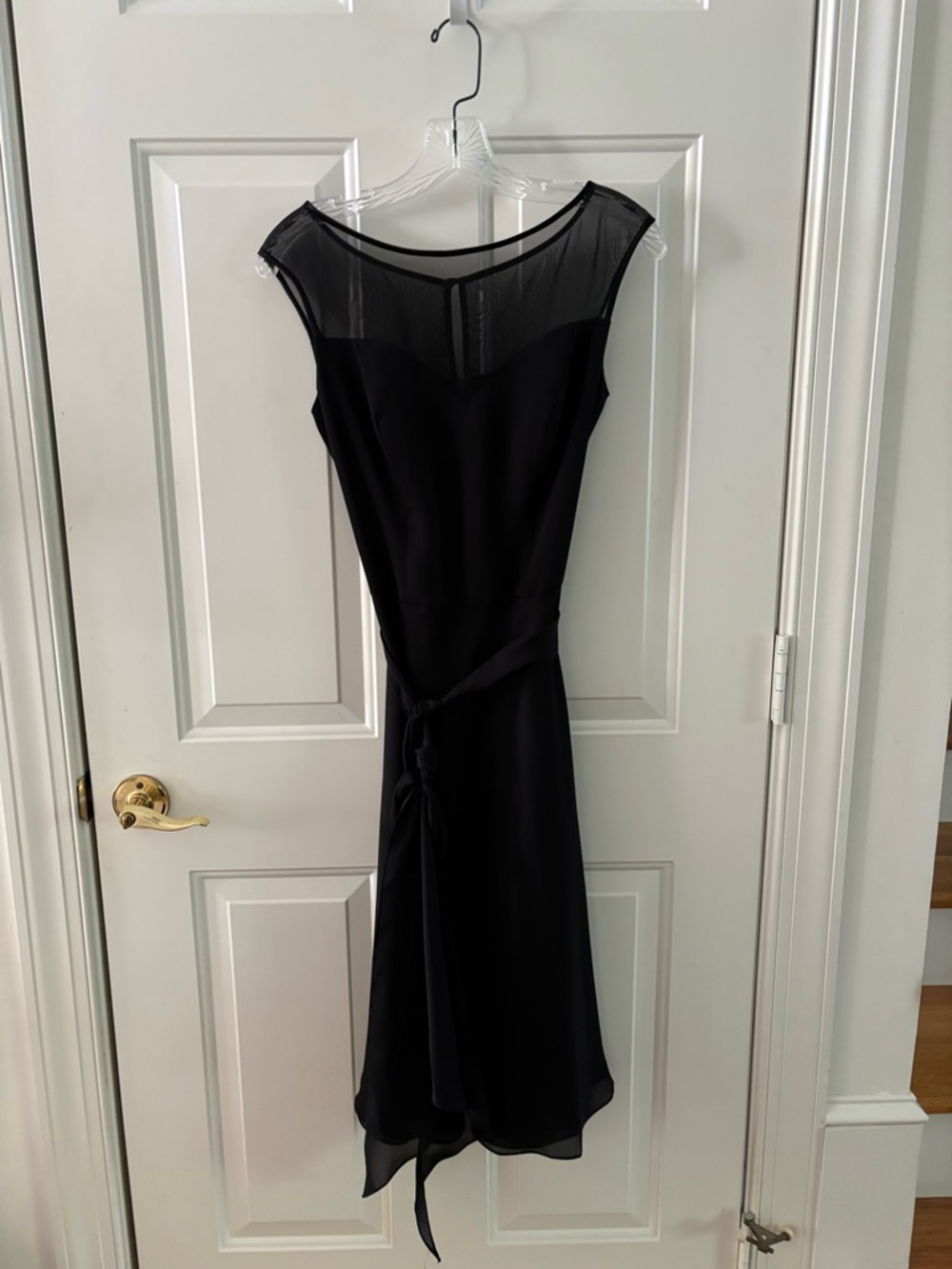 Elegant Little Black Dress with Sheer Yoke and Waist Tie